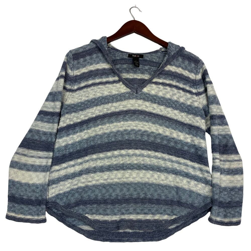 Style & Co Womens Large Blue White Striped Knit Hooded Sweater Cotton Blend